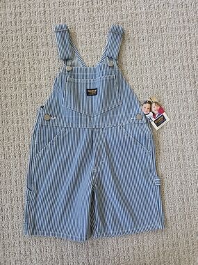 90's Vintage OshKosh B'gosh Blue Stripe Kids Overalls Shorts